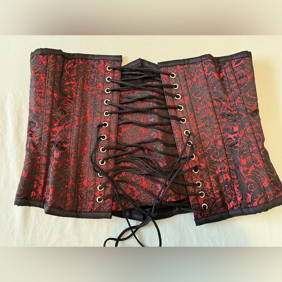 28 red damask under bust steel boned corset goth Victorian - Picture 2 of 5